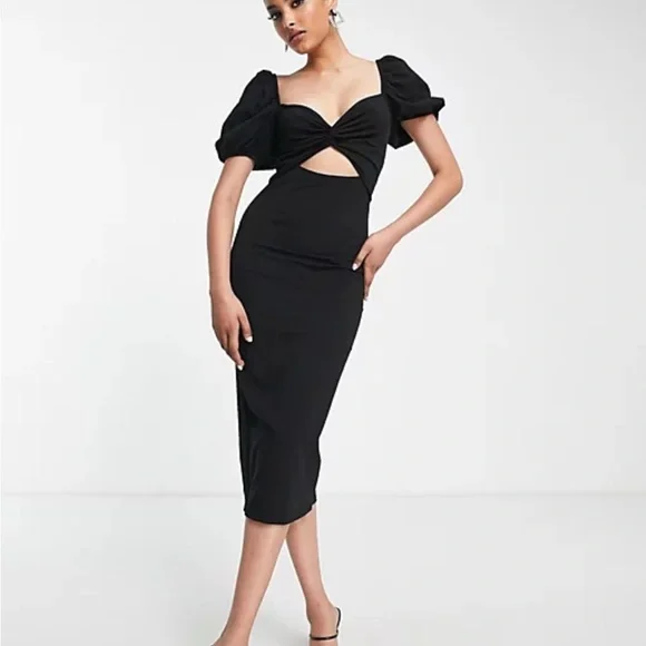 asos black puff sleeve dress Rent Asos Design Tall High Neck Seamed Open Back Midi Pencil Dress In Black